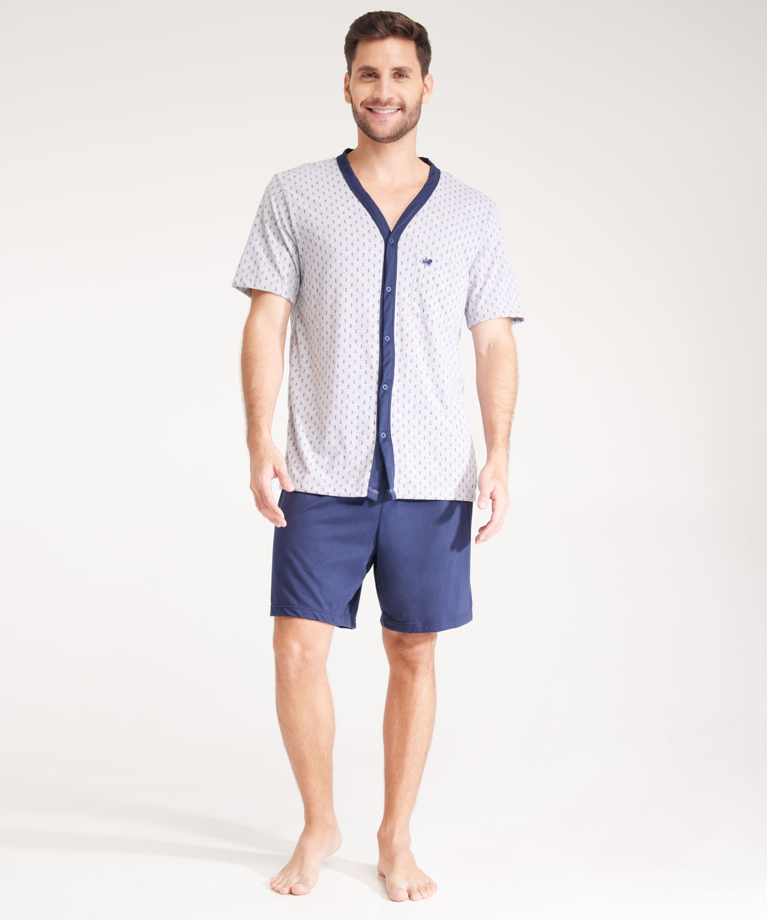 Pijama Set Camiseta Abierta Con Pechera En Contraste Estampada Bermuda 44040139 -