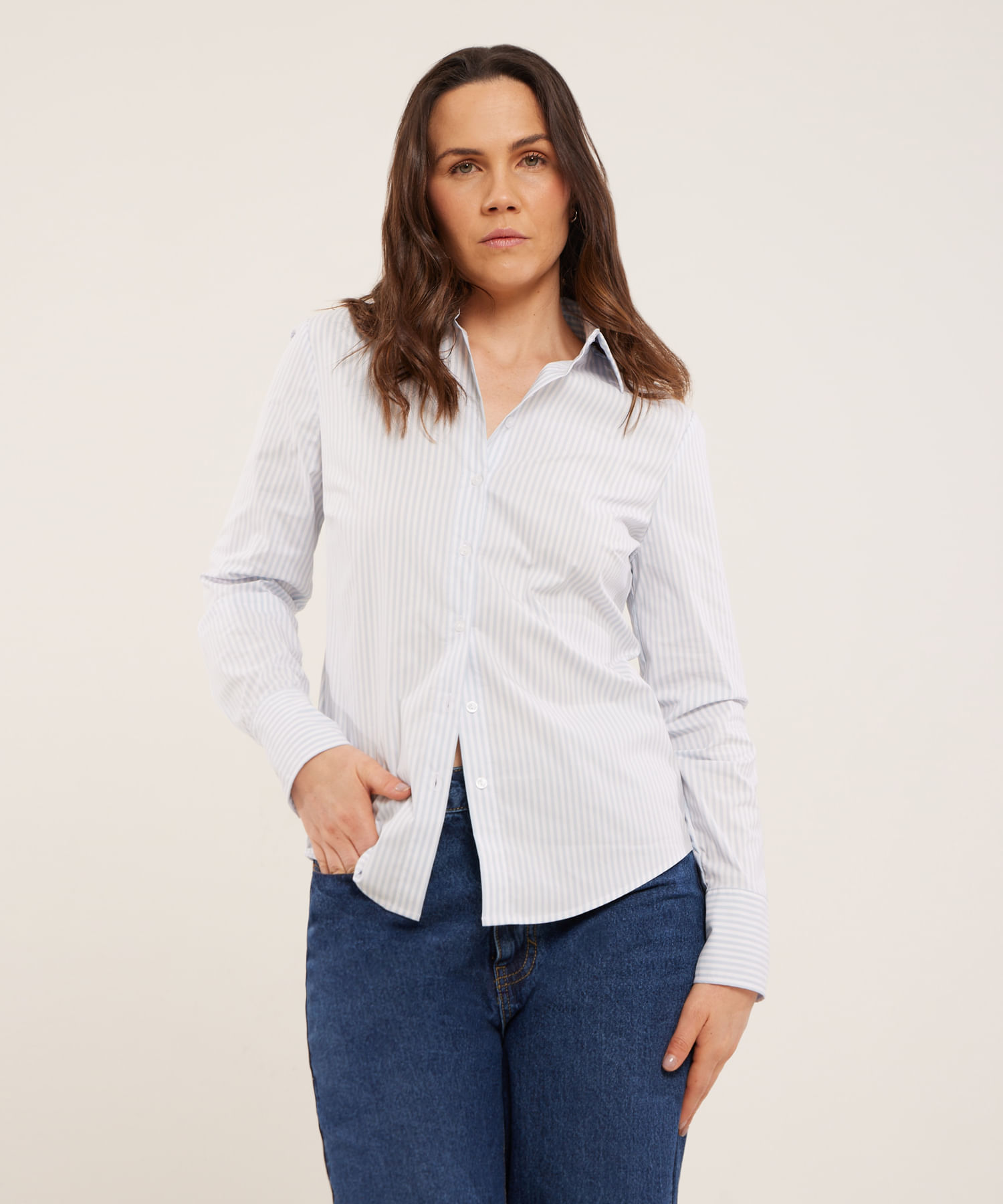 Camisa basic para mujer popelina manga larga Blanco